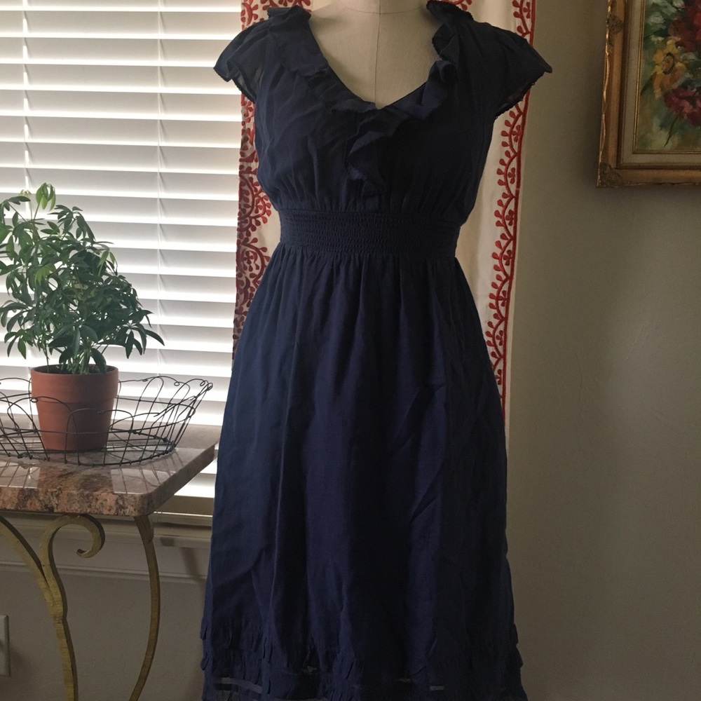 ANTHROPOLOGIE by Maeve Navy Ruffled Dress